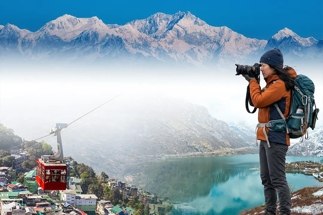 Mount Kanchenjunga, Gangtok ropeway and Himalayan scenery representing tours organized by a travel agent in Sikkim